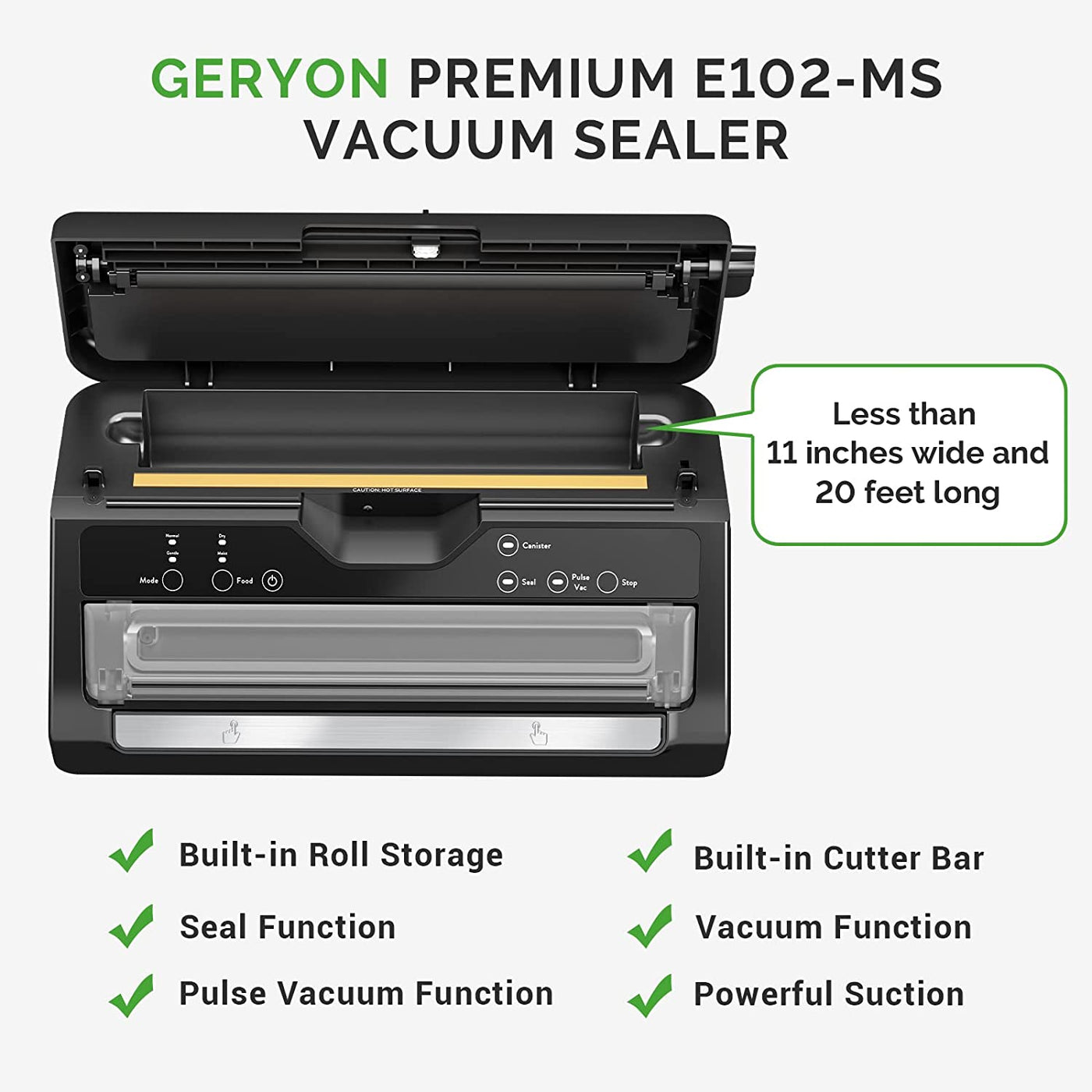 GERYON Vacuum Sealer - Deluxe Food Sealer Machine with Built-in Bag Cutter  and Roll Storage, Strong Suction for Food Preservation Saver, Dry Moist
