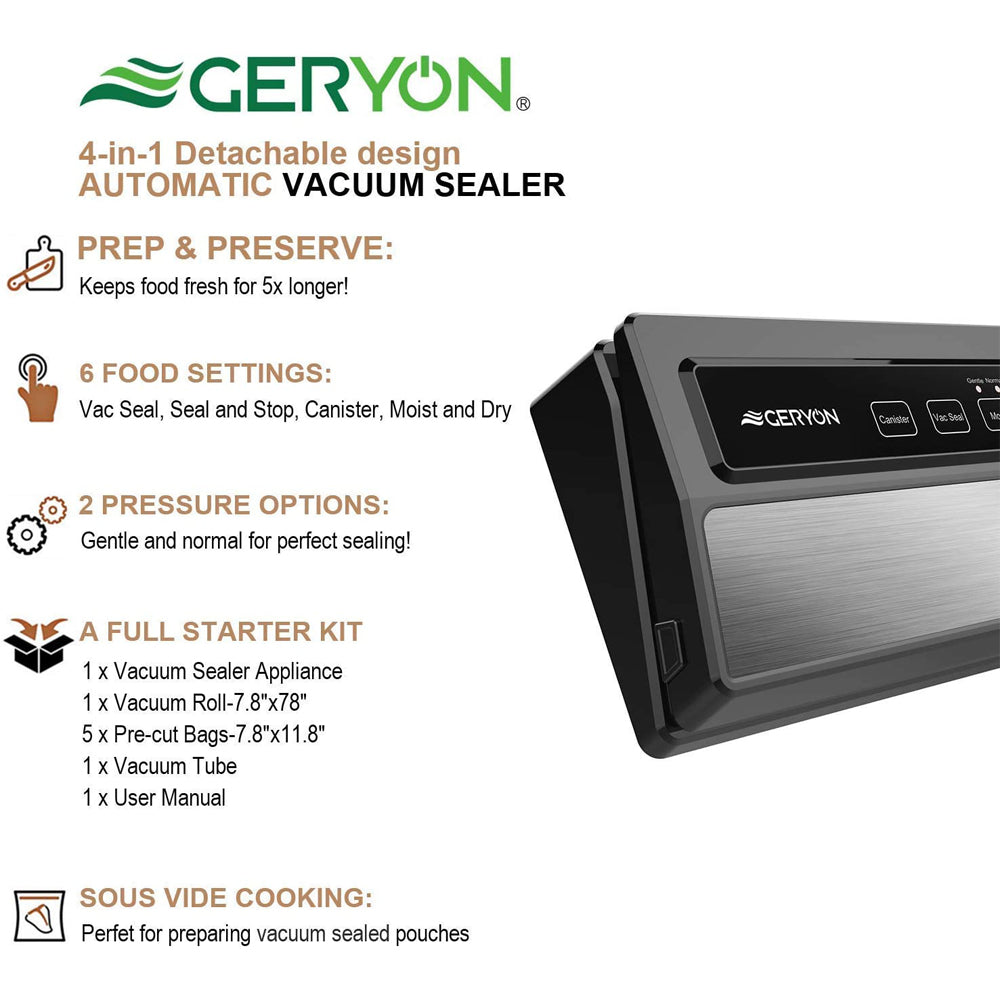 GERYON Vacuum Sealer, Automatic Food Sealer Machine for Food  Vacuum Packaging w/Built-in Cutter, Starter Kit, Led Indicator Lights, Easy to  Clean, Dry & Moist Food Modes