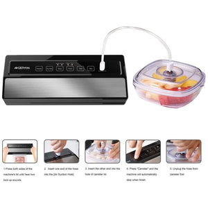 Geryon Vacuum Sealer sucks the air out and has a heat sealer to seal the durable airtight container that preserves the aroma, freshness, taste, and shelf-life of cookies, fish, fruits, meat, vegetables, or other food items for later consumption.